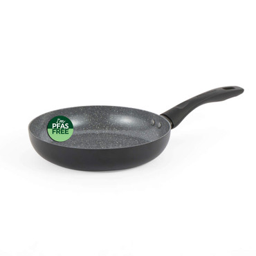 Grey non-stick frying pan with speckled interior, PFAS free sticker on side
