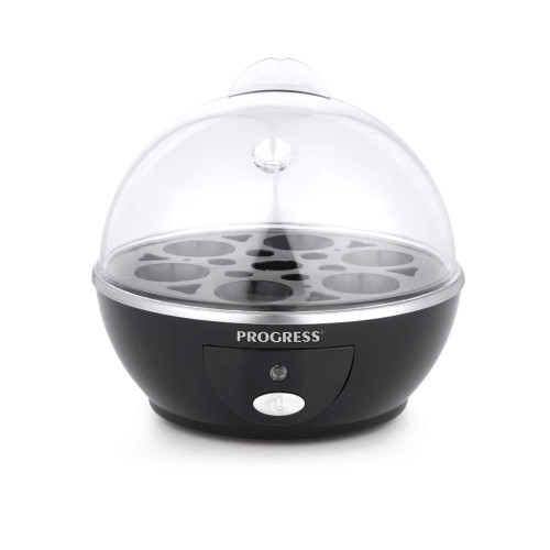 Black electric egg cooker with transparent lid, countertop product photo.