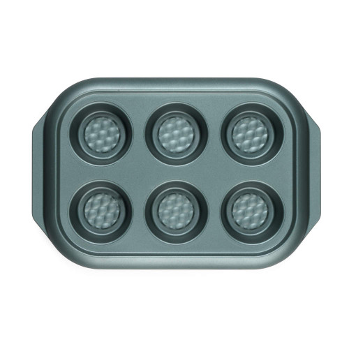 Six-cup non-stick muffin tin in grey, top view for product listing