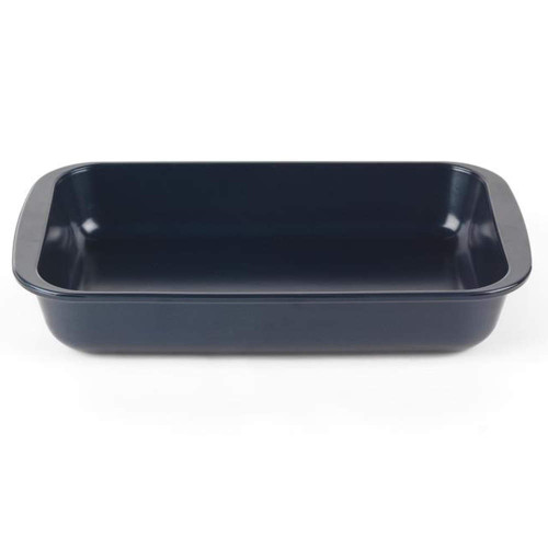 Rectangular navy non-stick roasting tin shown empty from above