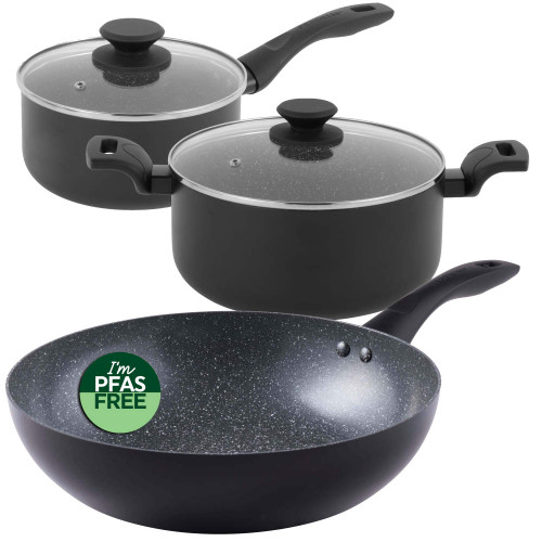 Three-piece non-stick pan set with glass lids, PFAS free label visible