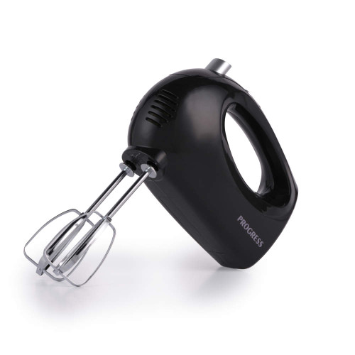 Black electric hand mixer with chrome beaters, side view, for kitchen use