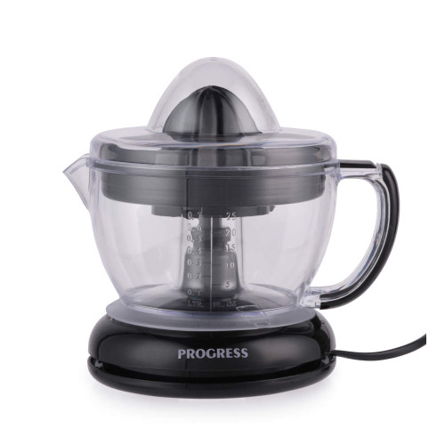 Electric citrus juicer with clear jug and black base, handle and measurement markers