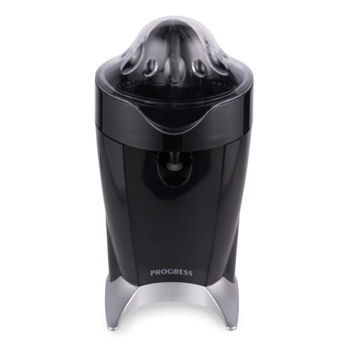 Black electric citrus juicer with silver base and transparent lid, front view
