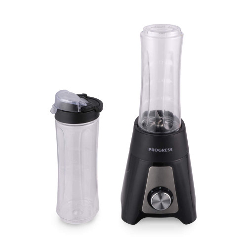 Black personal blender with dial, includes two clear drinks bottles