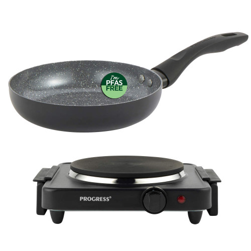Black non-stick frying pan with PFAS free label and single electric hot plate
