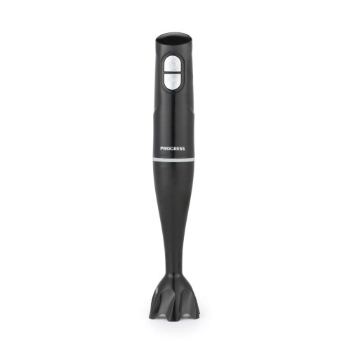 Black hand blender with two-speed buttons, shown upright on white background