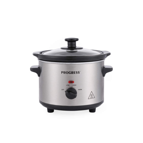 Small silver slow cooker with black handles and lid, front control dial and Progress branding