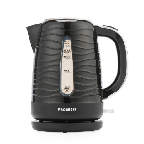 Black electric kettle with wave design, water level indicator, and Progress branding.