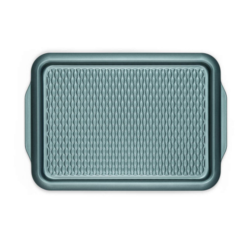 Green non-stick baking tray with textured surface, shown from above.