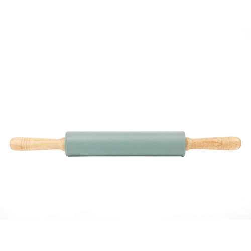 Green non-stick rolling pin with wooden handles on white background