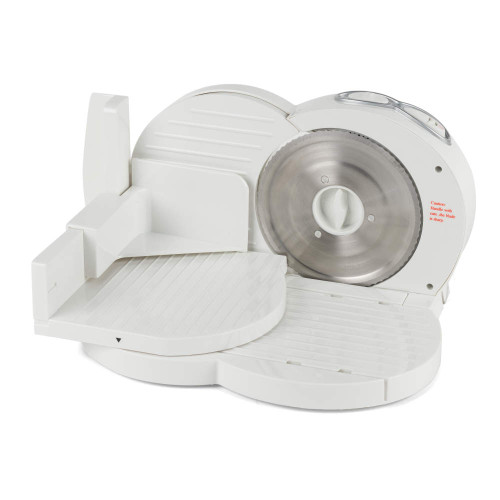 White electric food slicer with circular stainless steel blade, shown open for use.