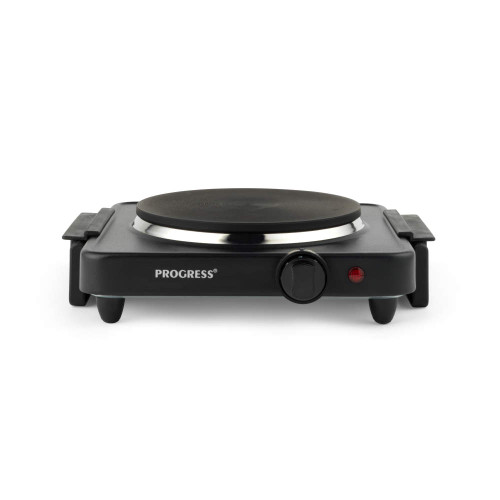 Progress single black electric hot plate with power dial, shown from the front