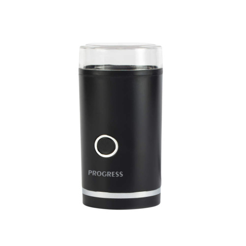 Black electric coffee grinder with clear lid, Progress logo on front.