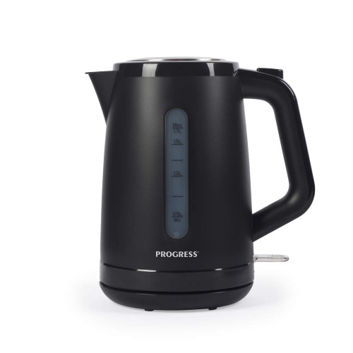 Black electric kettle with water level indicator, shown upright on a white background.
