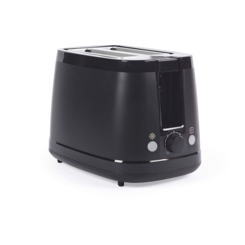 Black 2-slice toaster with controls, shown at angle on white background