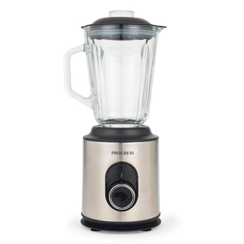 Stainless steel and black jug blender with glass jug, shown upright on white background