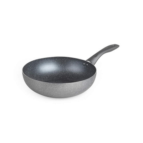 Black non-stick wok with ergonomic handle, shown from side angle