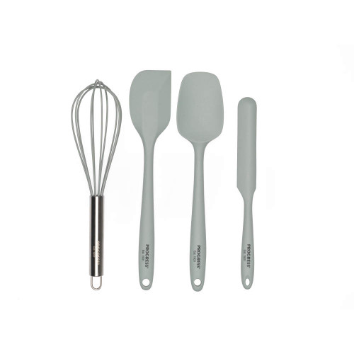 Set of four light green kitchen utensils: whisk, spatula, spoon, and spreader