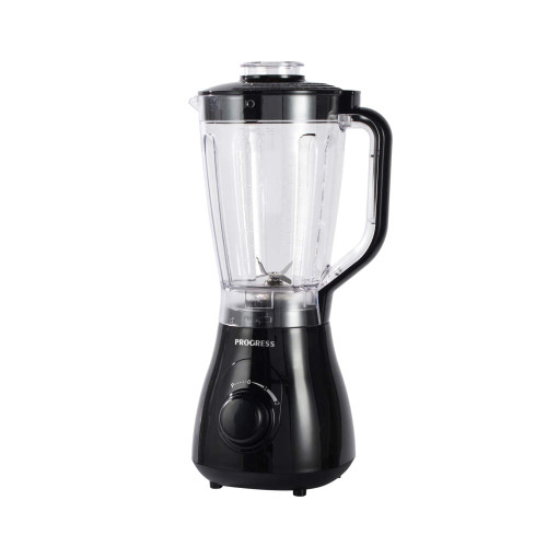 Black electric blender with clear jug, shown upright for product listing