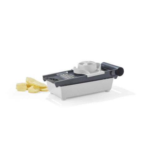 Multi-blade food mandoline slicer in grey with crinkle-cut potato slices