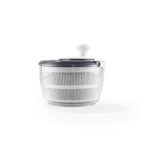 Clear and grey salad spinner with white handle, shown on white background
