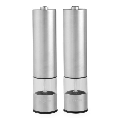 Set of two brushed stainless steel electric salt and pepper mills with clear base.