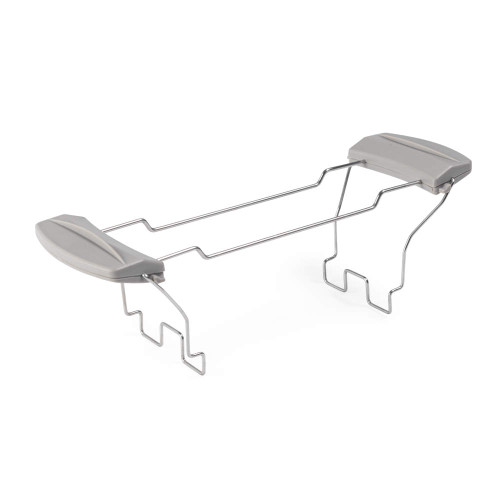Grey metal toaster sandwich rack shown at angle