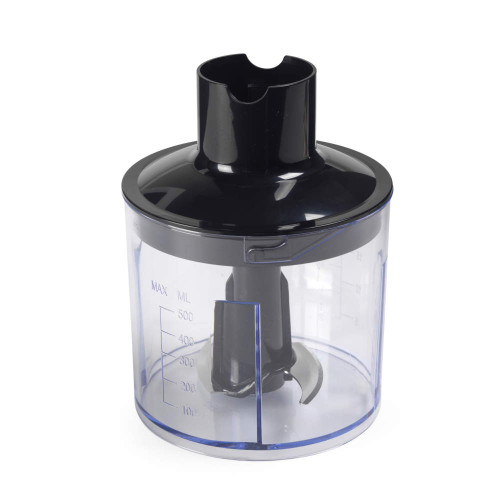 Food processor bowl with black lid and stainless steel chopping blade, 500ml capacity