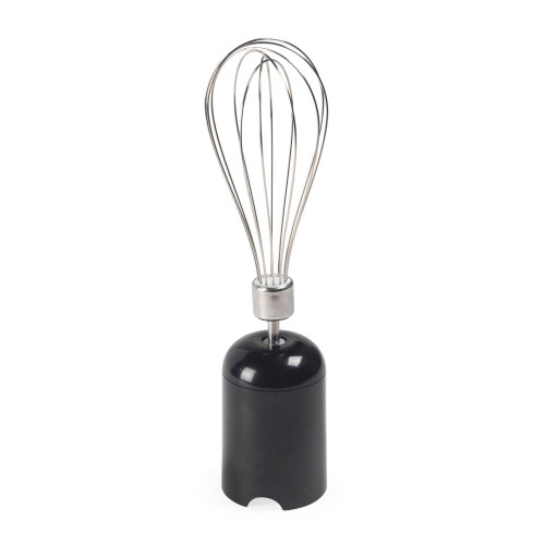 Black electric whisk with stainless steel wires on white background