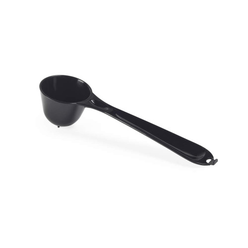 Black plastic coffee scoop and tamper shown on white background