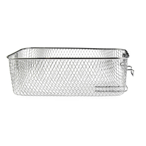 Silver rectangular wire mesh basket for deep fat fryer, shown empty on white background