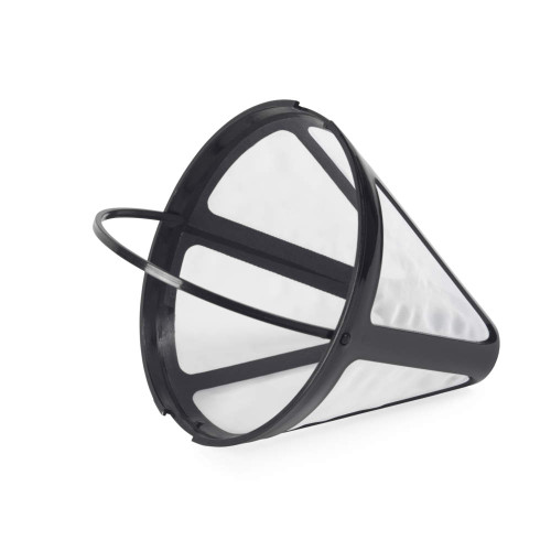 Reusable cone coffee filter with black plastic frame, side view