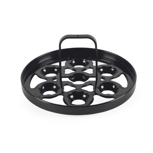 Black metal egg rack with handle, holds seven eggs, shown on white background