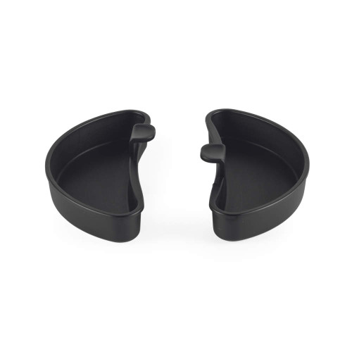 Pair of black semi-circular plastic drip trays shown side by side