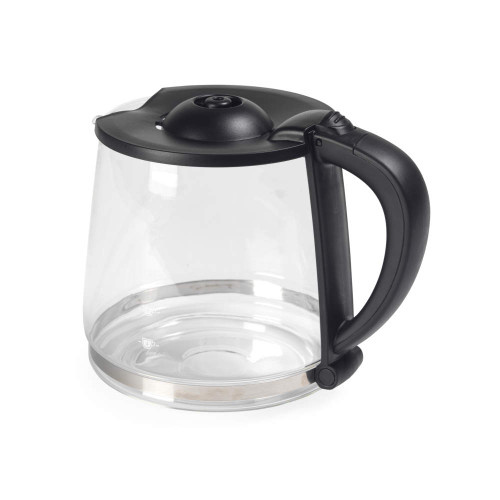 Clear glass coffee jug with black handle and lid, product image for replacement part
