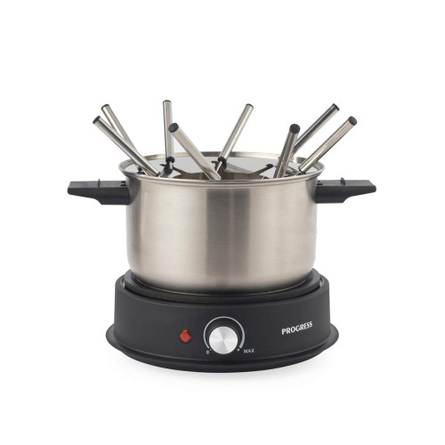 Stainless steel electric fondue set with eight forks on black base, front view.