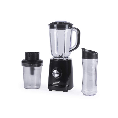 Black blender with two clear blending containers and a sports bottle