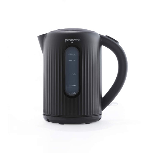 Black cordless electric kettle with ribbed texture and water level indicator