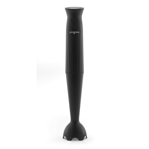 Black hand blender with two buttons, shown upright on white background.