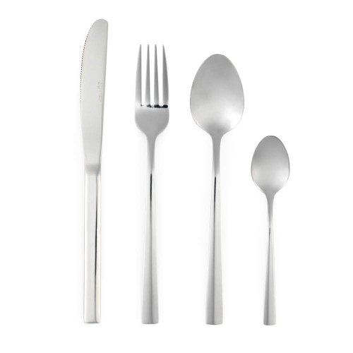 Set of four silver stainless steel cutlery pieces: knife, fork, tablespoon, teaspoon.