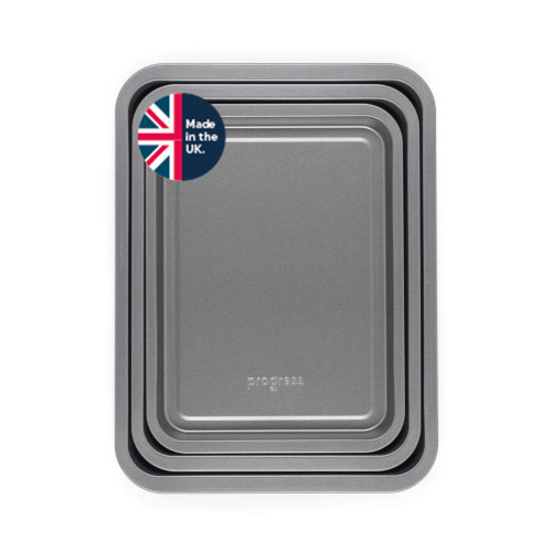 Set of three silver baking trays, Progress brand, stackable, includes 'Made in the UK' badge