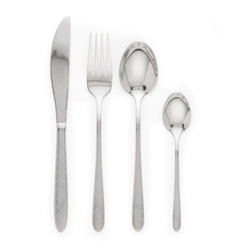 Four-piece silver cutlery set with knife, fork, soup spoon and teaspoon