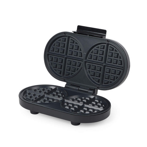 Black double waffle maker open, showing non-stick cooking plates.