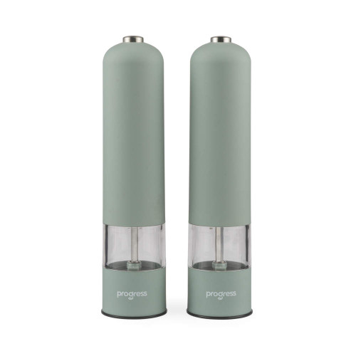 Set of two green Progress electric salt and pepper mills with clear base