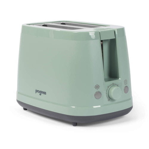 Green 2-slice toaster with browning control dial, angled view