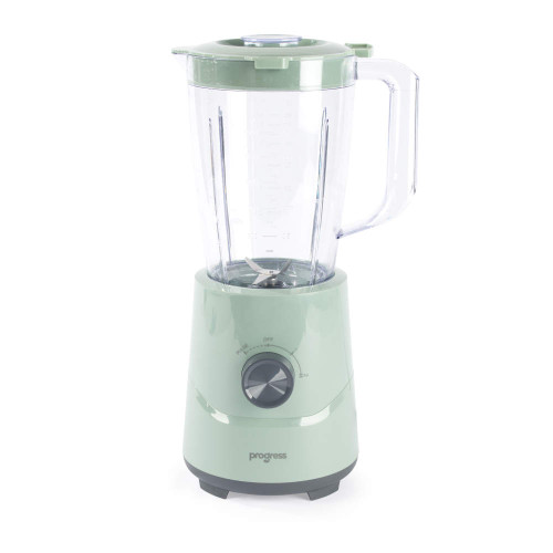 Green jug blender with clear plastic jug and control dial, shown on white background