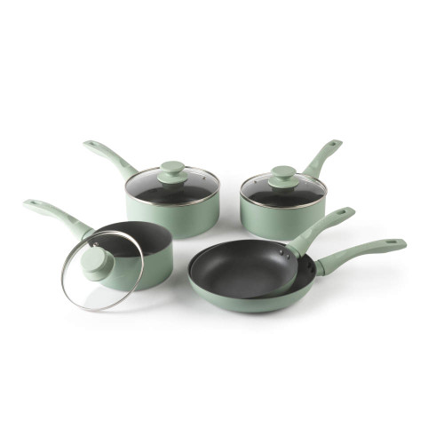 Set of five green non-stick saucepans and frying pans with lids, shown on white background