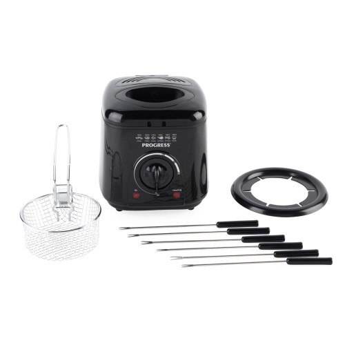 Black electric fondue set with fondue pot, rack, basket and six forks