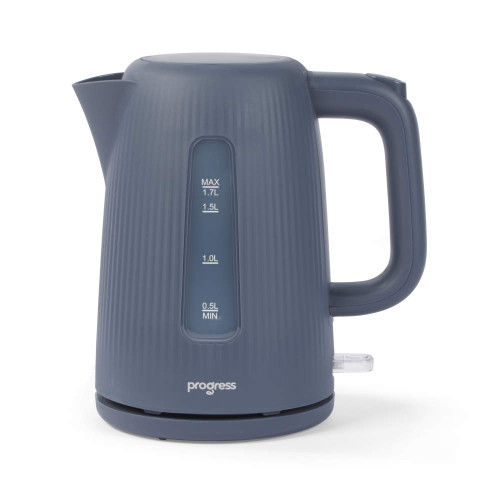 Electric kettle, 1.7L capacity, matte blue finish, water level window, cordless base